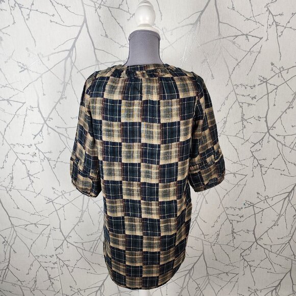 Naf Naf Beige Plaid Cotton Pleated Front V-Neck Tunic Dress - Picture 4 of 9